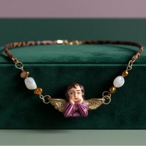 Cheetah Print Angel Necklace | Hand Painted Angel Pendant |Mother of Pearl Beads